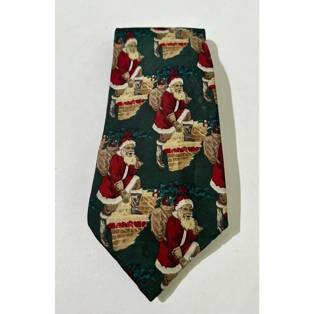 Neiman-Marcus Men's Tie Silk Necktie Dark Red Santa‎ Christmas Tie